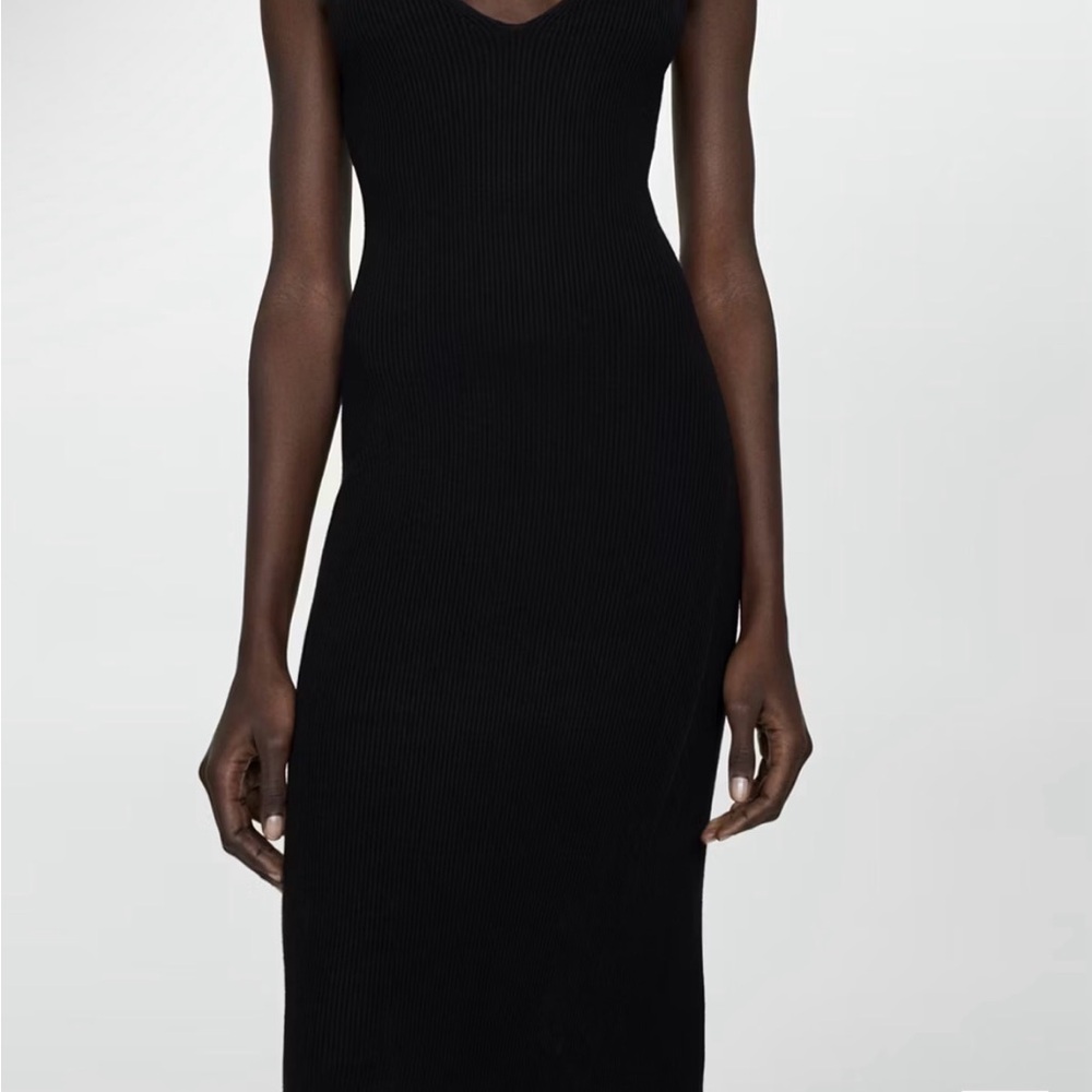 Mango Black Ribbed V-Neck Midi Dress